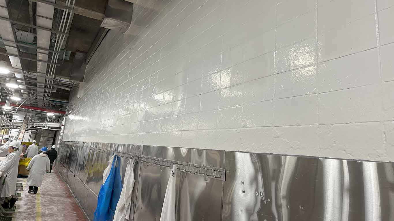 Pristine food processing facility with bright white polyurea coating on walls and ceiling, showing clean sterile environment